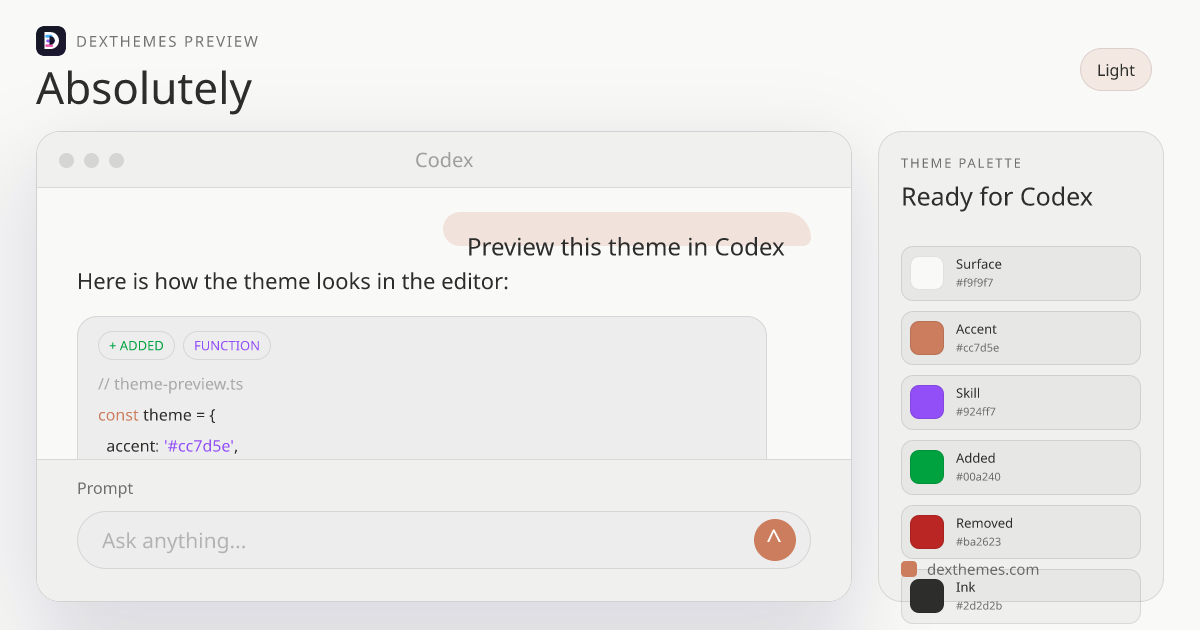 Absolutely light theme rendered in a Codex-style workspace