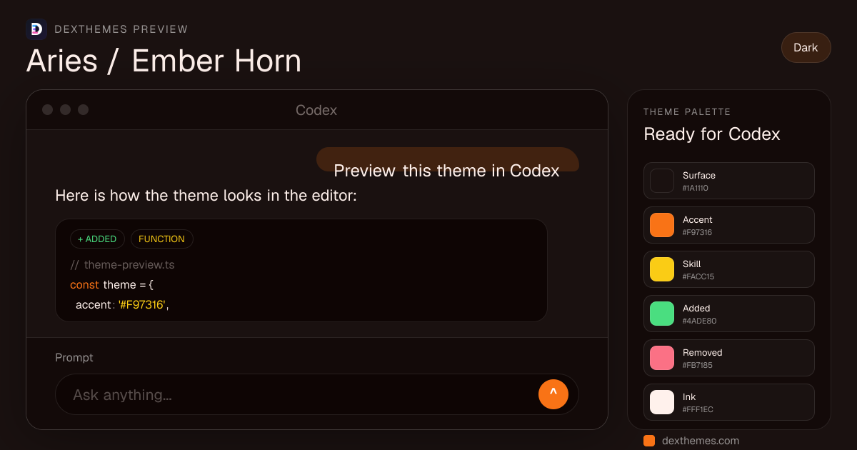 Aries / Ember Horn dark theme rendered in a Codex-style workspace