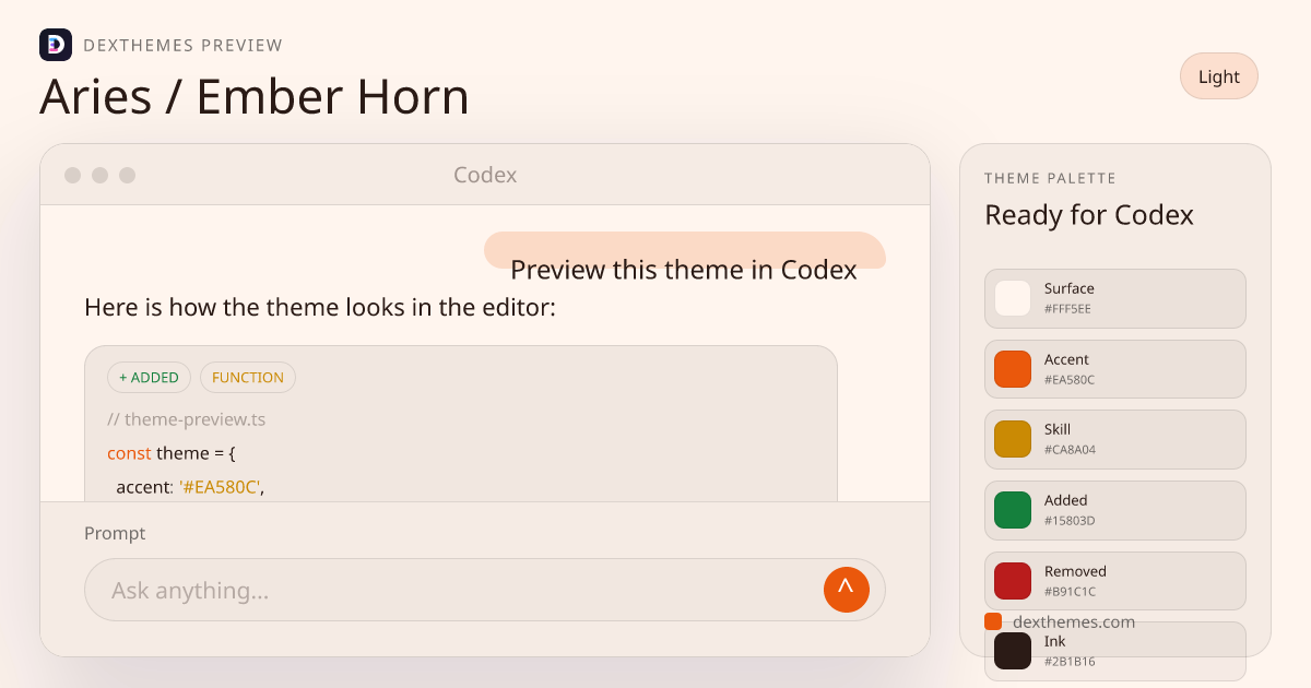 Aries / Ember Horn light theme rendered in a Codex-style workspace