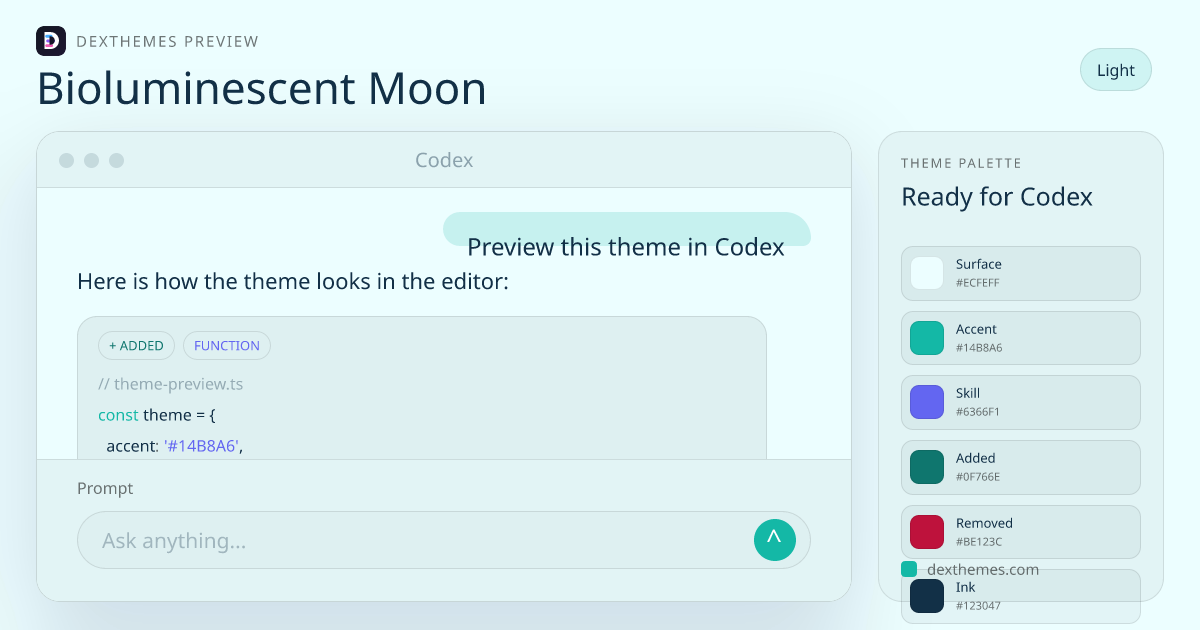 Bioluminescent Moon light theme rendered in a Codex-style workspace
