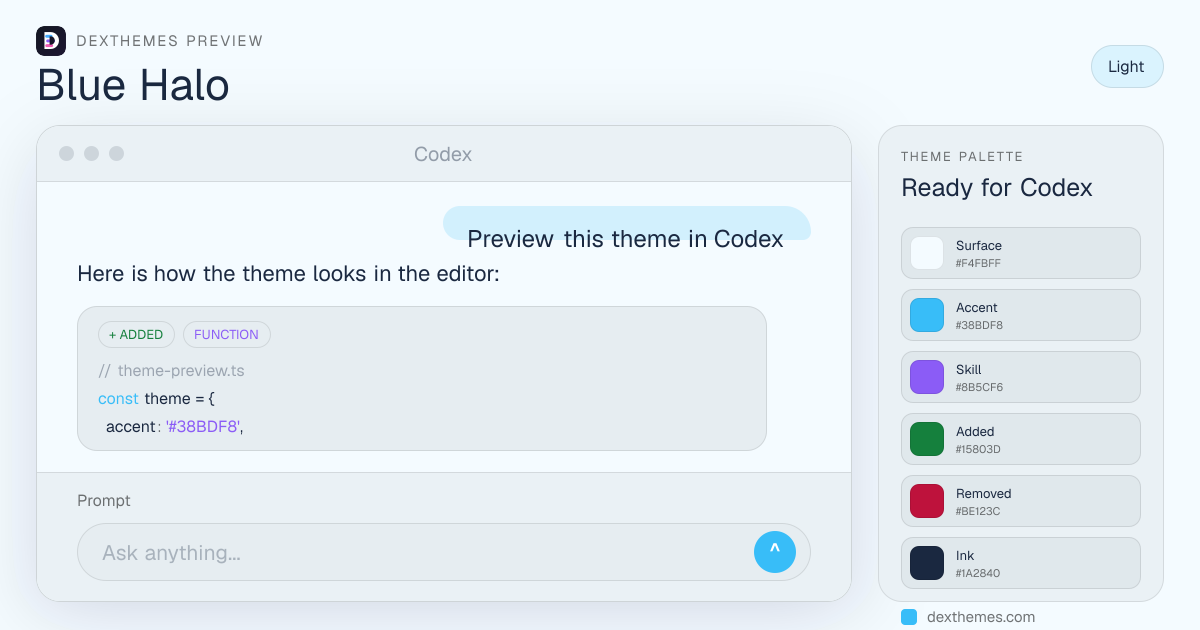 Blue Halo light theme rendered in a Codex-style workspace