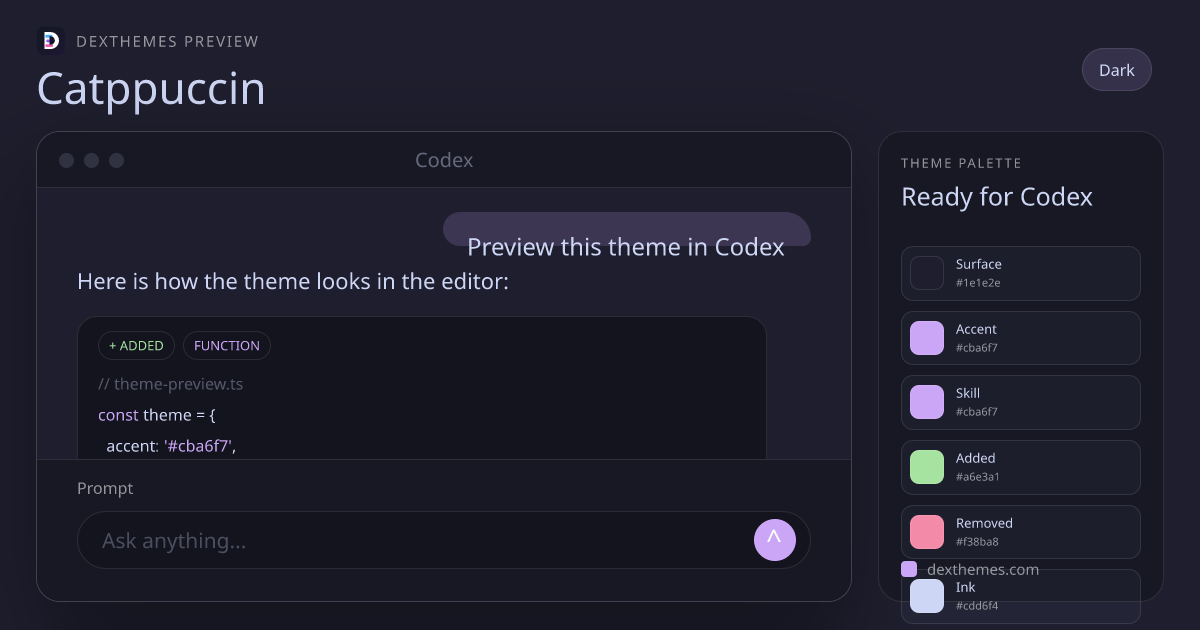 Catppuccin dark theme rendered in a Codex-style workspace