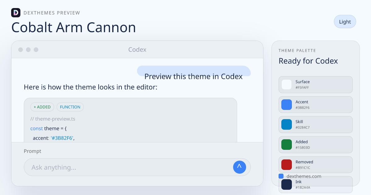 Cobalt Arm Cannon light theme rendered in a Codex-style workspace