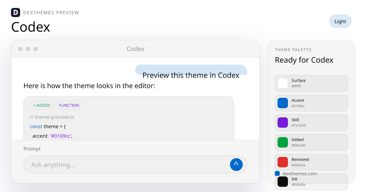 Codex light theme rendered in a Codex-style workspace