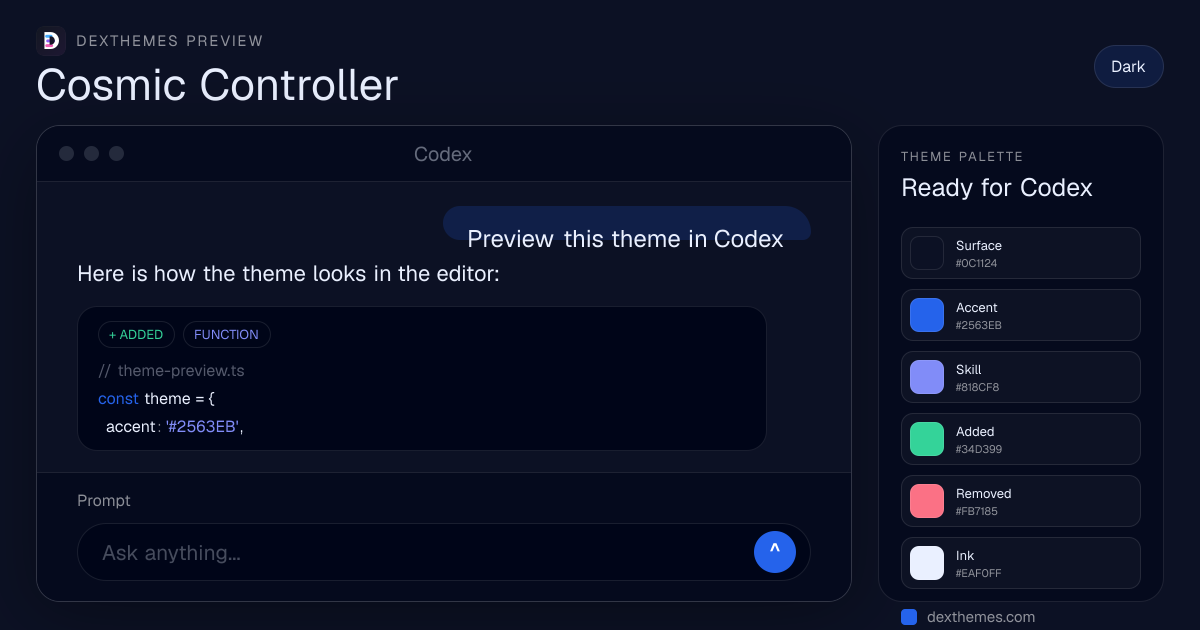 Cosmic Controller dark theme rendered in a Codex-style workspace