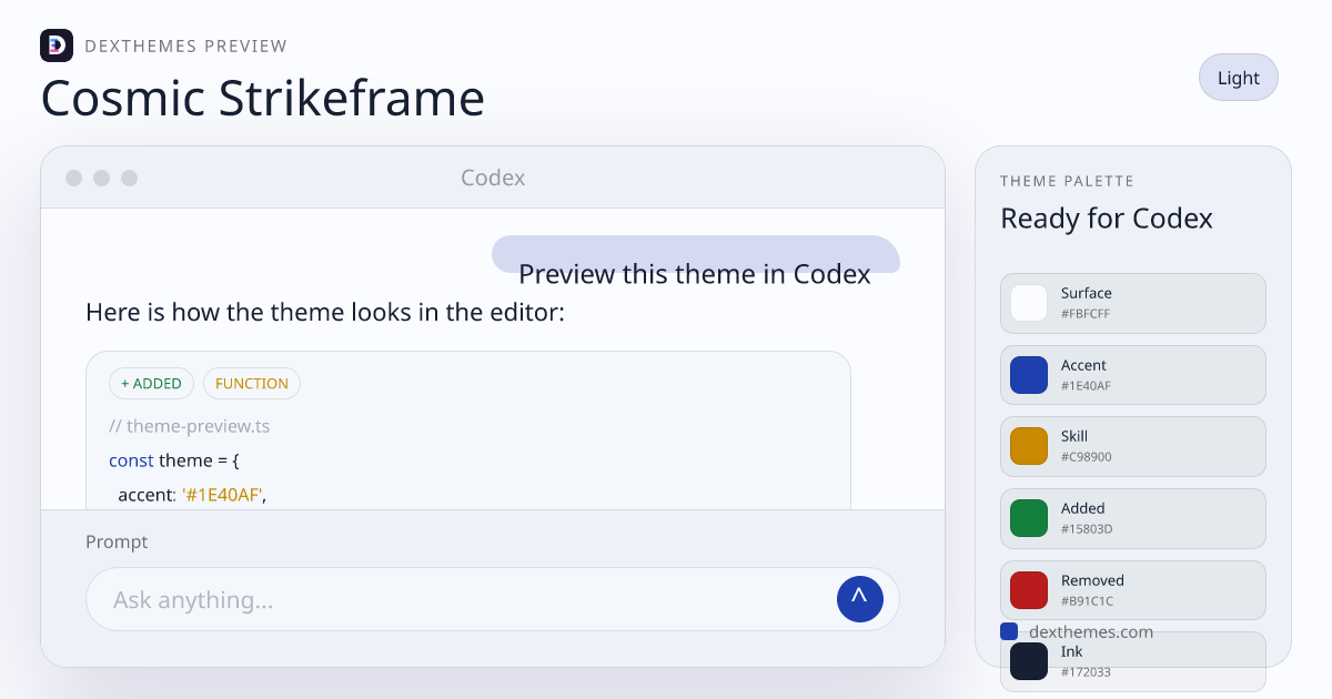 Cosmic Strikeframe light theme rendered in a Codex-style workspace