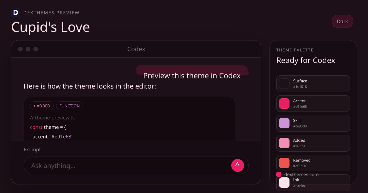 Cupid's Love dark theme rendered in a Codex-style workspace