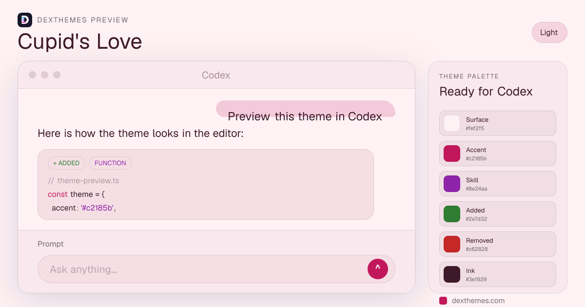 Cupid's Love light theme rendered in a Codex-style workspace