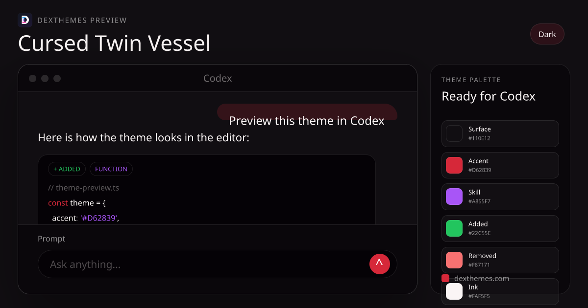 Cursed Twin Vessel dark theme rendered in a Codex-style workspace