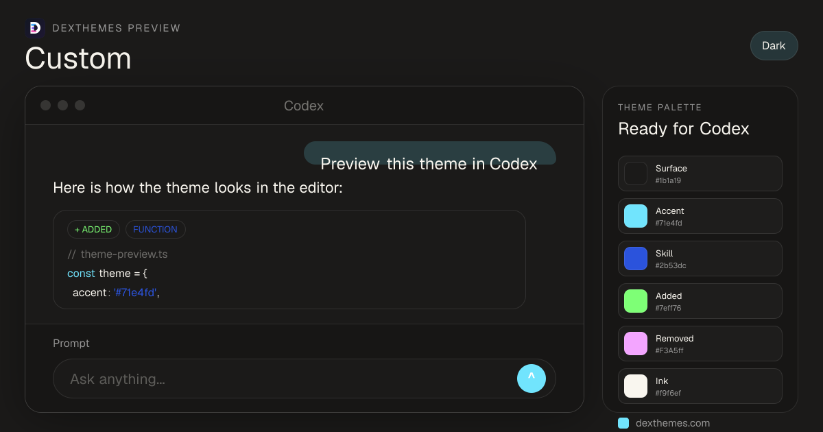 Custom dark theme rendered in a Codex-style workspace