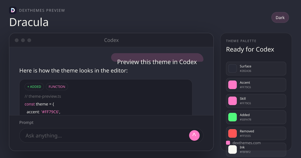 Dracula dark theme rendered in a Codex-style workspace