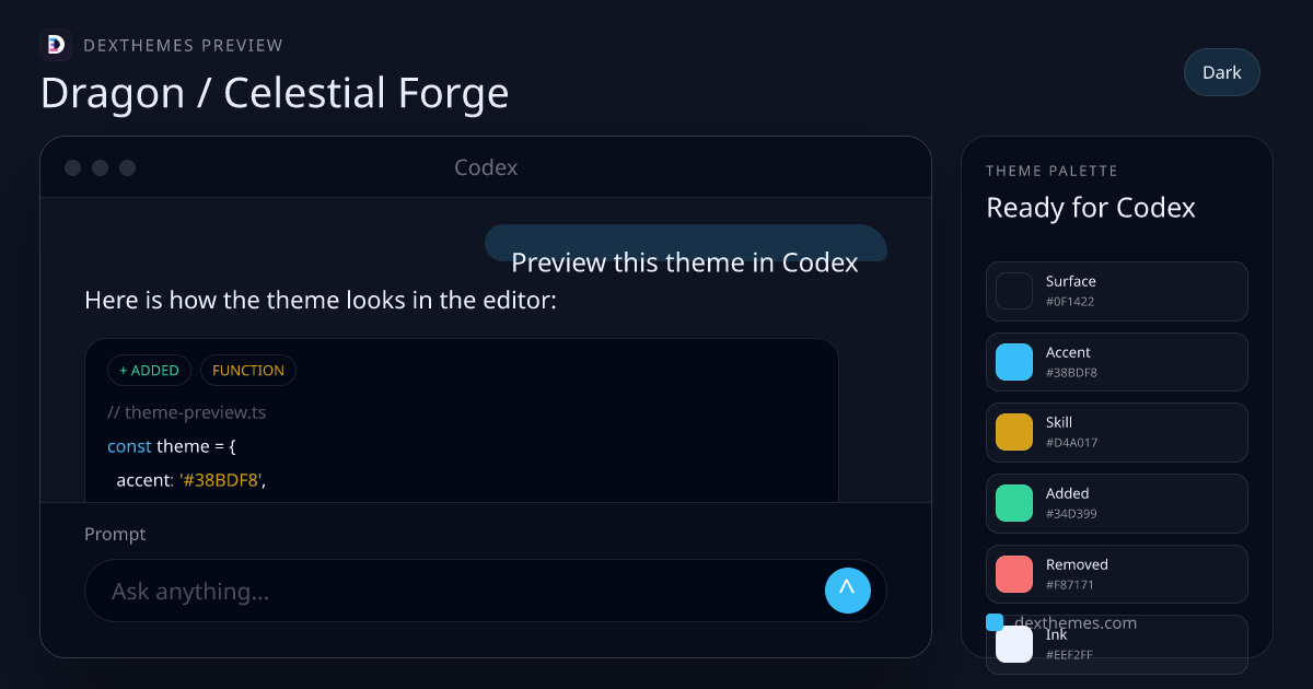 Dragon / Celestial Forge dark theme rendered in a Codex-style workspace