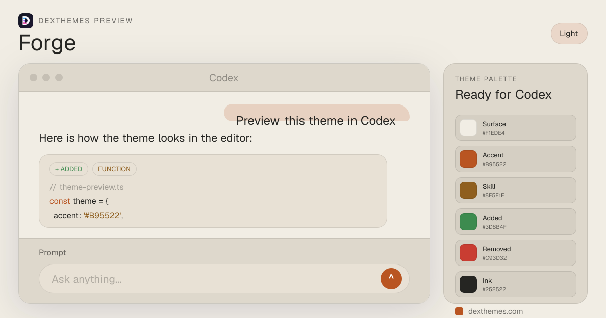Forge light theme rendered in a Codex-style workspace