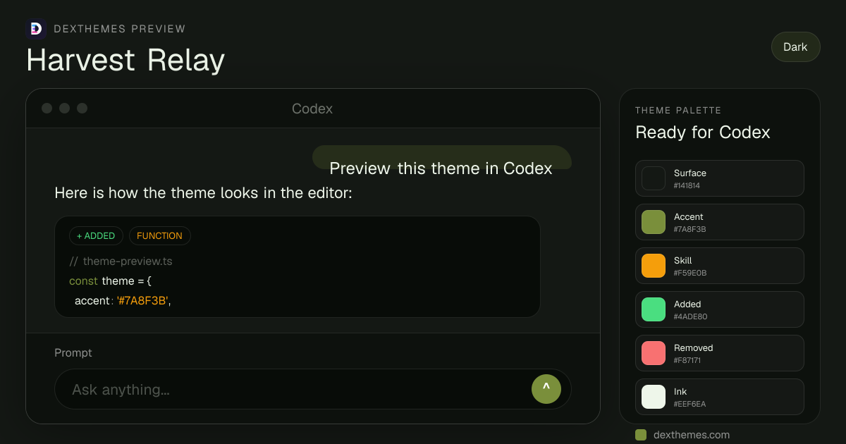 Harvest Relay dark theme rendered in a Codex-style workspace