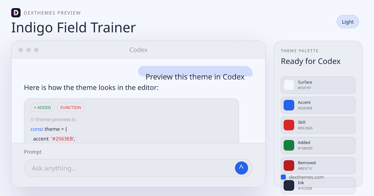 Indigo Field Trainer light theme rendered in a Codex-style workspace