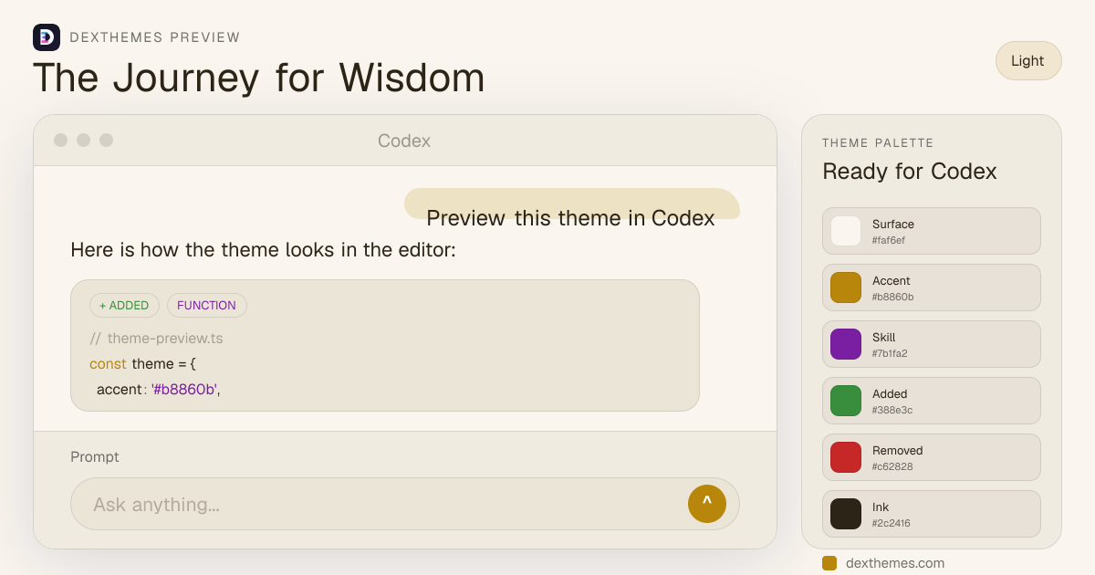 The Journey for Wisdom light theme rendered in a Codex-style workspace
