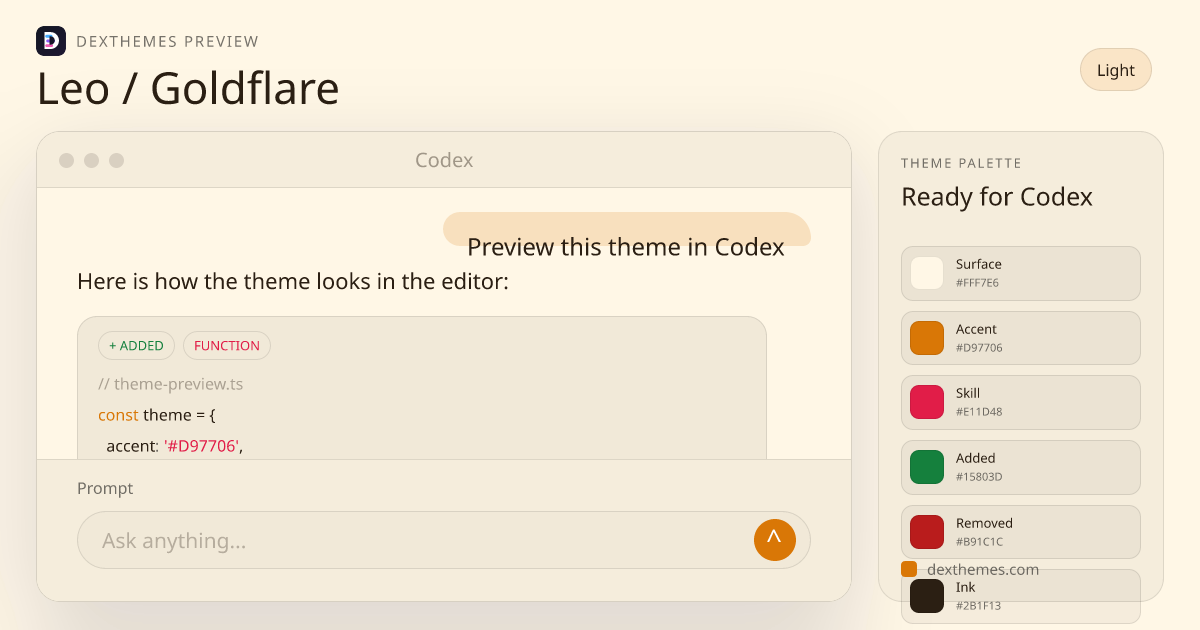 Leo / Goldflare light theme rendered in a Codex-style workspace