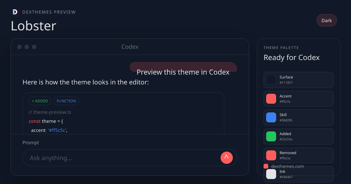 Lobster dark theme rendered in a Codex-style workspace