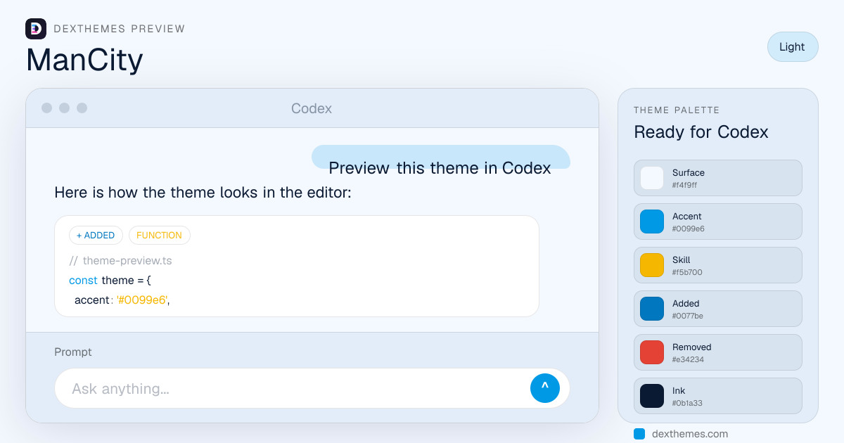 ManCity light theme rendered in a Codex-style workspace