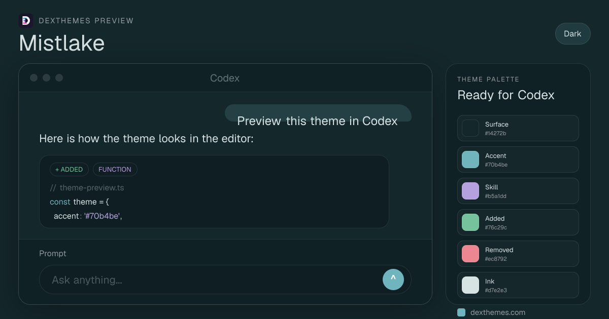 Mistlake dark theme rendered in a Codex-style workspace