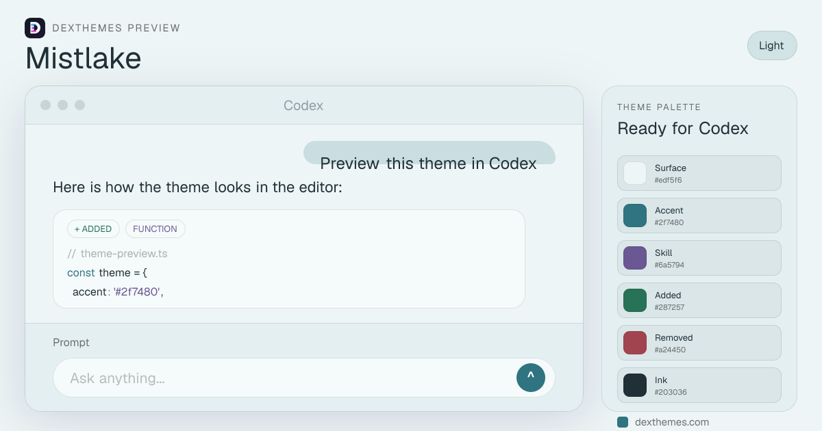 Mistlake light theme rendered in a Codex-style workspace