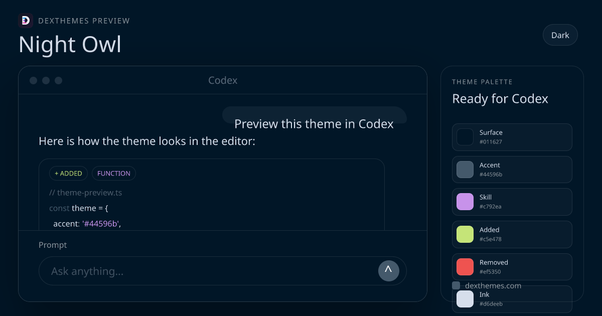 Night Owl dark theme rendered in a Codex-style workspace