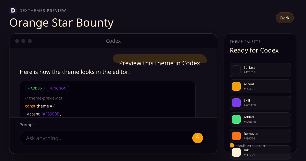 Orange Star Bounty dark theme rendered in a Codex-style workspace