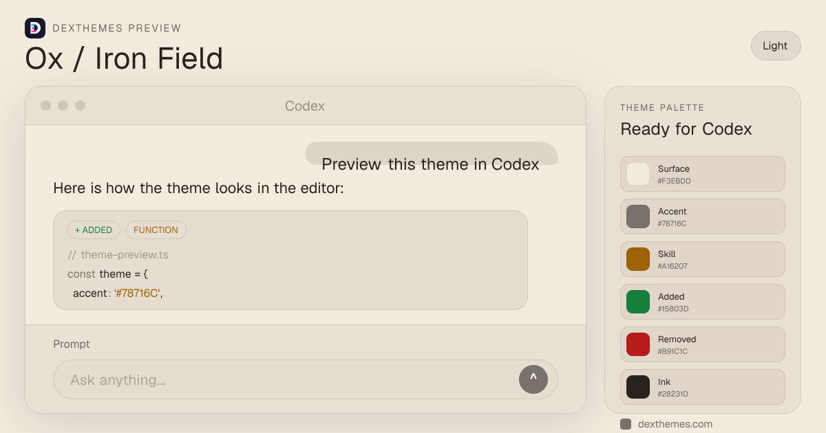 Ox / Iron Field light theme rendered in a Codex-style workspace