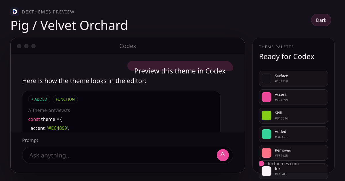 Pig / Velvet Orchard dark theme rendered in a Codex-style workspace