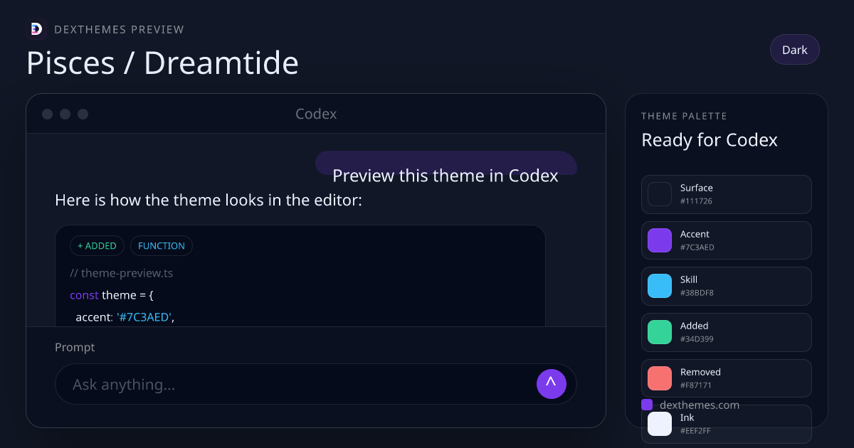 Pisces / Dreamtide dark theme rendered in a Codex-style workspace