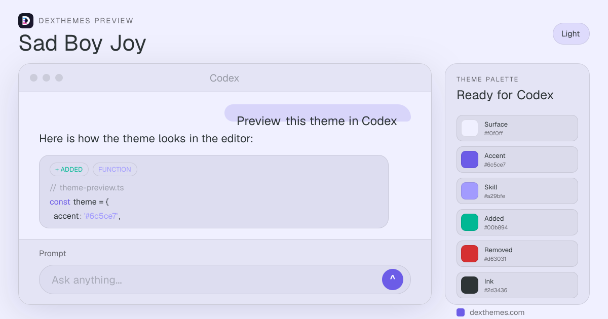 Sad Boy Joy light theme rendered in a Codex-style workspace