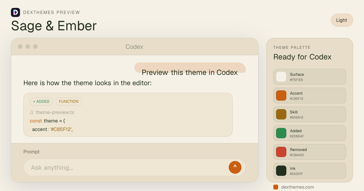 Sage & Ember light theme rendered in a Codex-style workspace