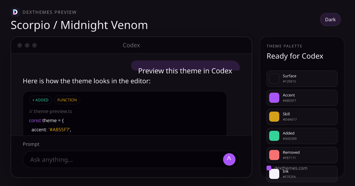 Scorpio / Midnight Venom dark theme rendered in a Codex-style workspace