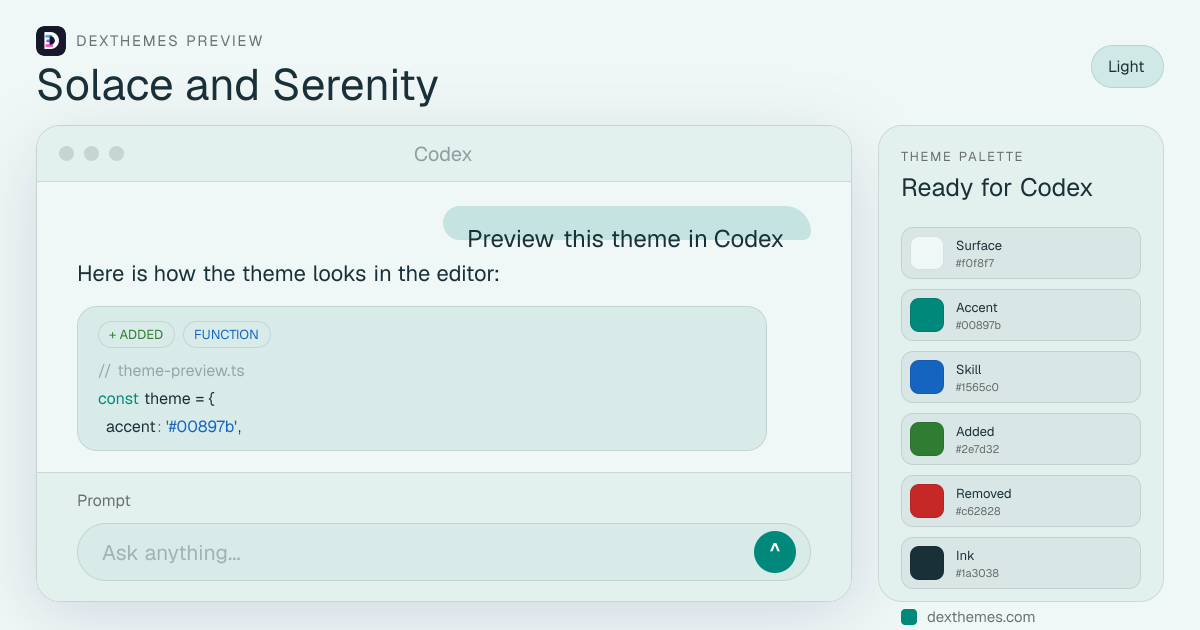 Solace and Serenity light theme rendered in a Codex-style workspace
