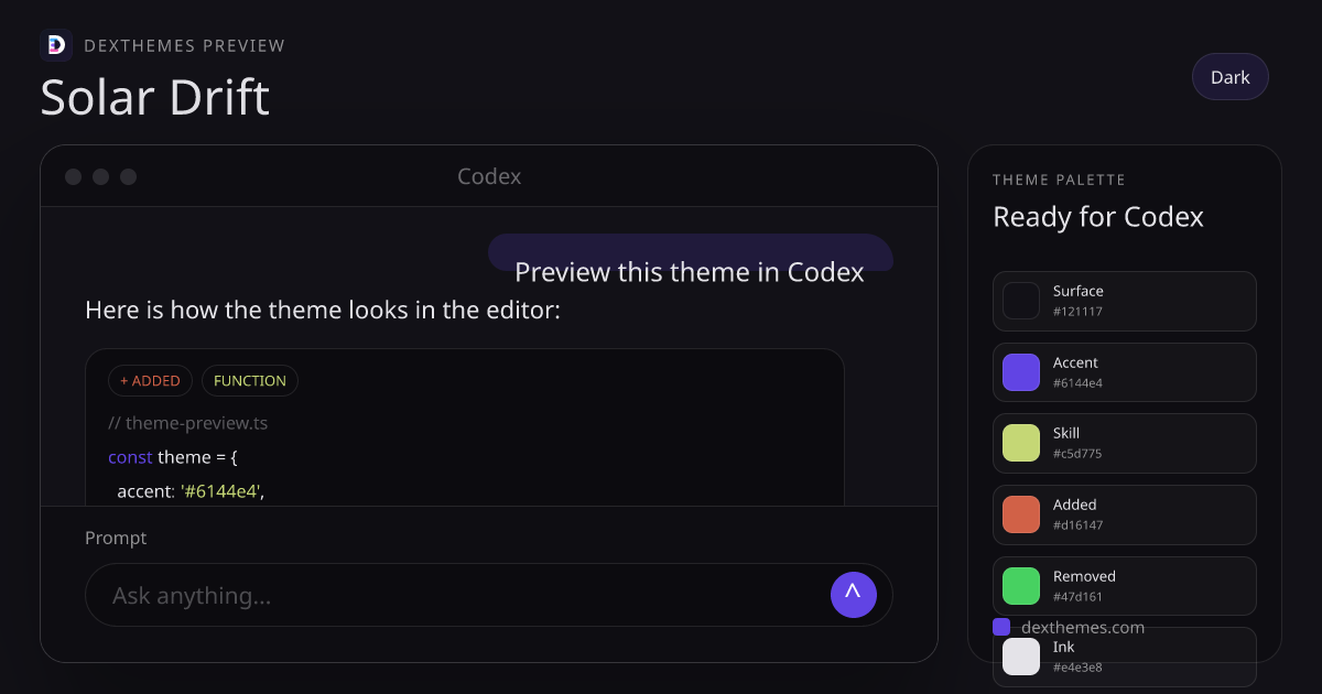 Solar Drift dark theme rendered in a Codex-style workspace