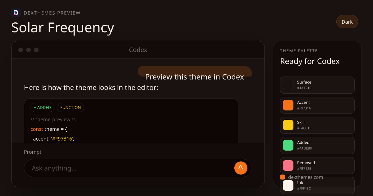 Solar Frequency dark theme rendered in a Codex-style workspace
