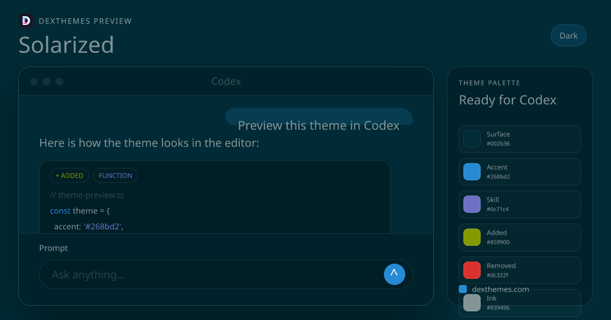 Solarized dark theme rendered in a Codex-style workspace