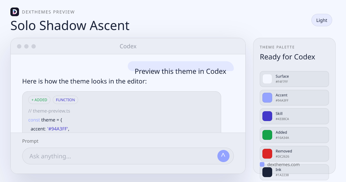 Solo Shadow Ascent light theme rendered in a Codex-style workspace