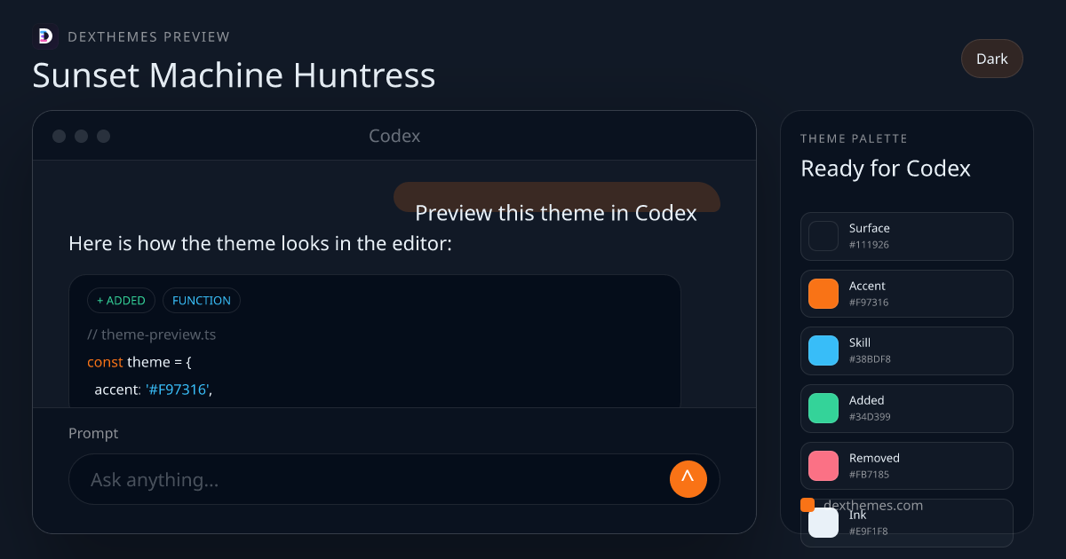 Sunset Machine Huntress dark theme rendered in a Codex-style workspace
