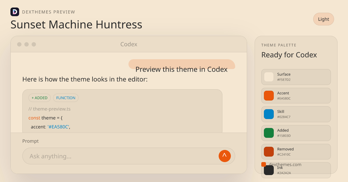 Sunset Machine Huntress light theme rendered in a Codex-style workspace
