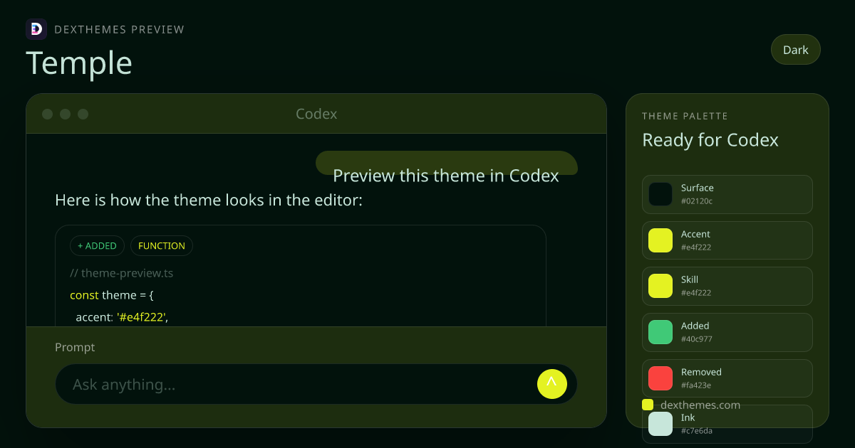 Temple dark theme rendered in a Codex-style workspace