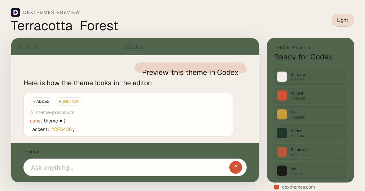 Terracotta Forest light theme rendered in a Codex-style workspace