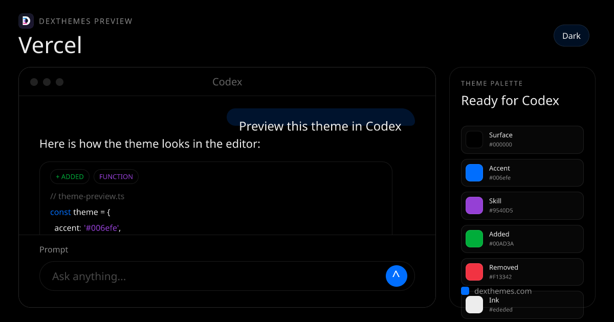 Vercel dark theme rendered in a Codex-style workspace