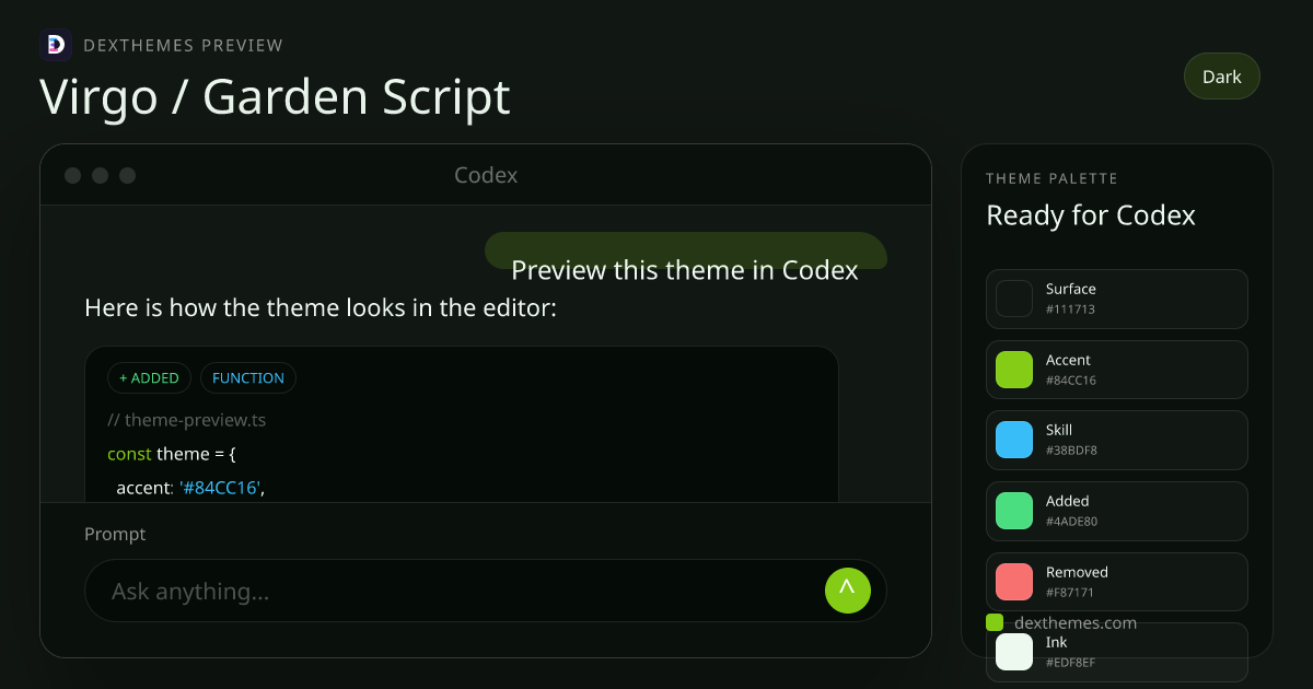 Virgo / Garden Script dark theme rendered in a Codex-style workspace
