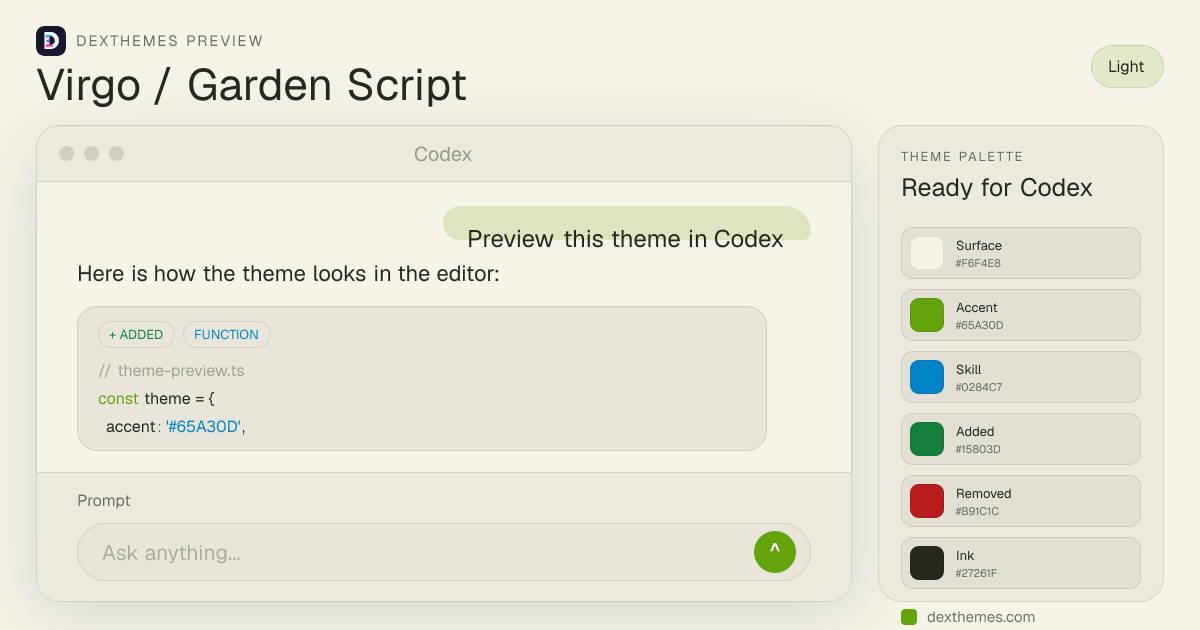 Virgo / Garden Script light theme rendered in a Codex-style workspace