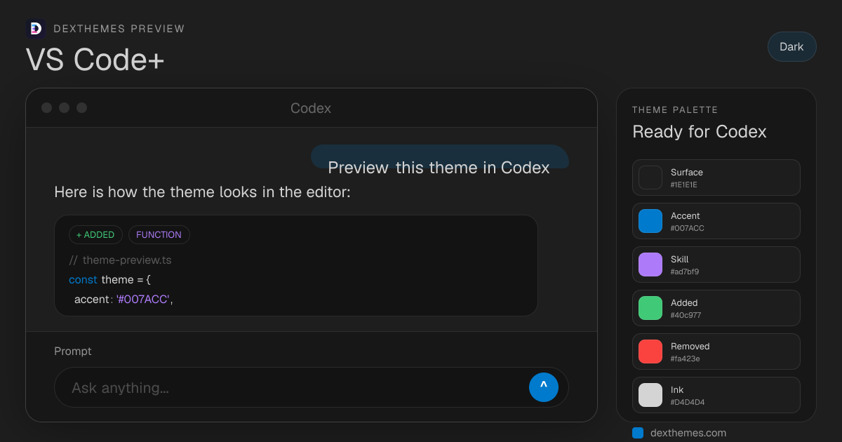 VS Code+ dark theme rendered in a Codex-style workspace