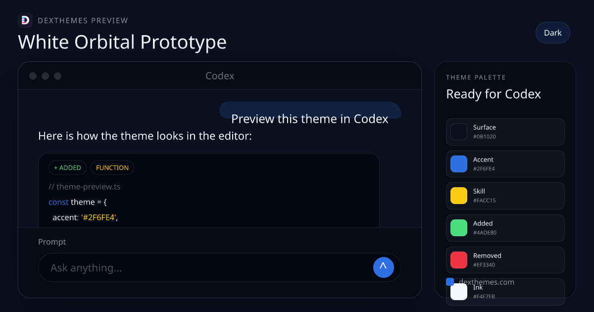 White Orbital Prototype dark theme rendered in a Codex-style workspace