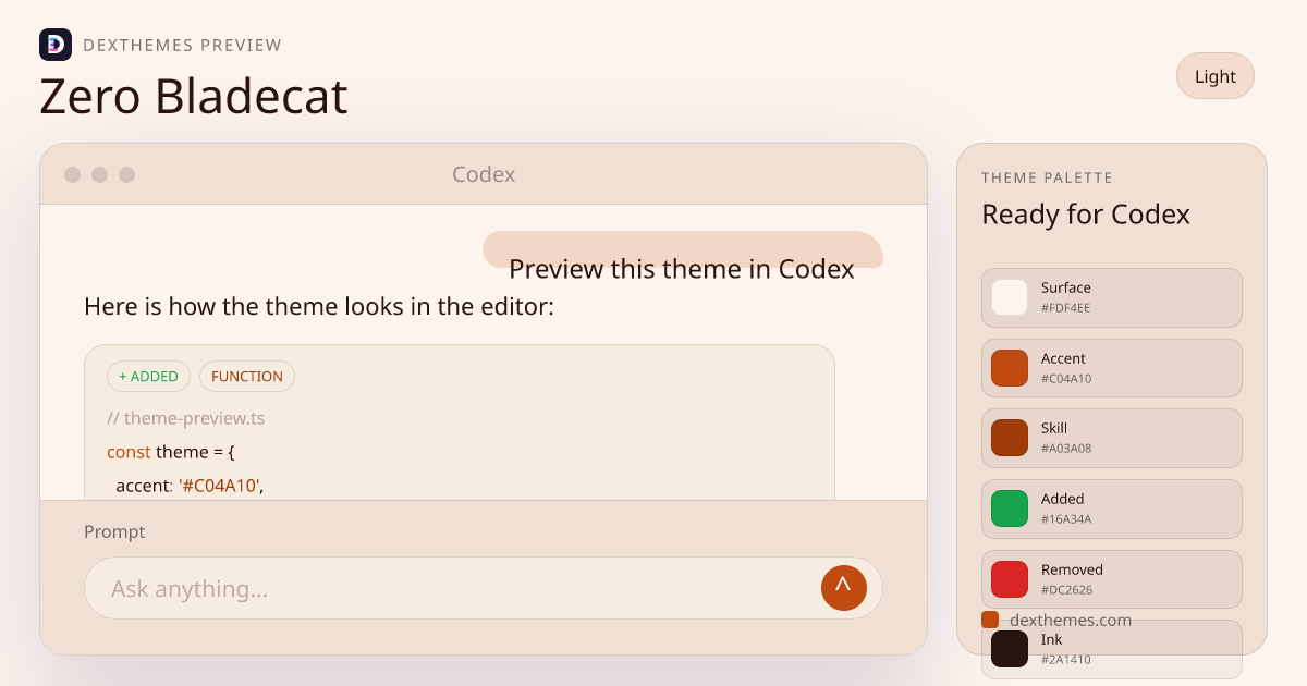 Zero Bladecat light theme rendered in a Codex-style workspace