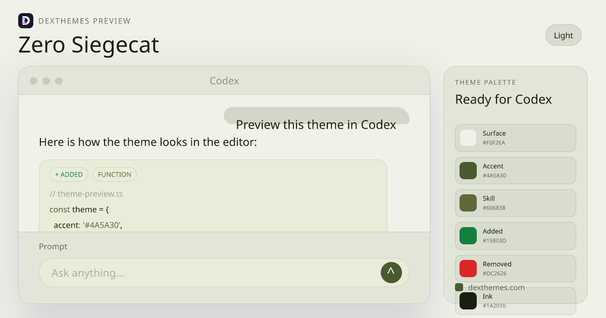 Zero Siegecat light theme rendered in a Codex-style workspace